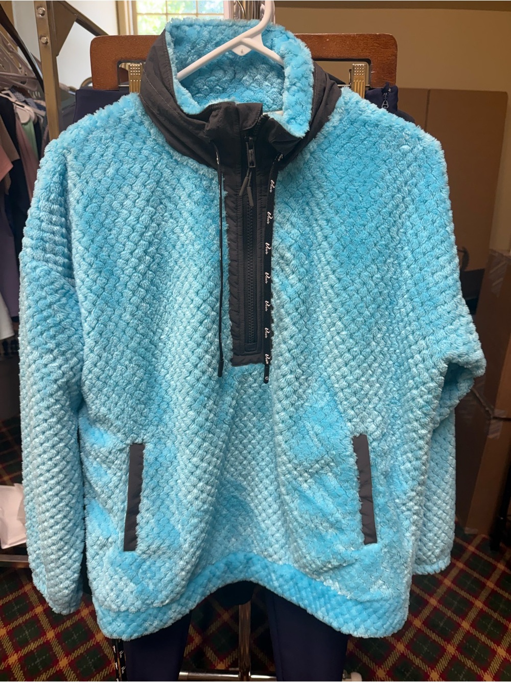 Cozy Teddy Pullover Jacket in Aqua Blue with Contrast Trim